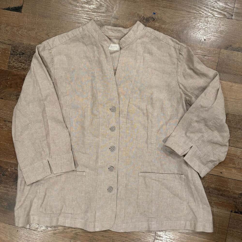 Talbots Women's Linen Blend Striped 3/4 Sleeve Mandarin Collar Jacket